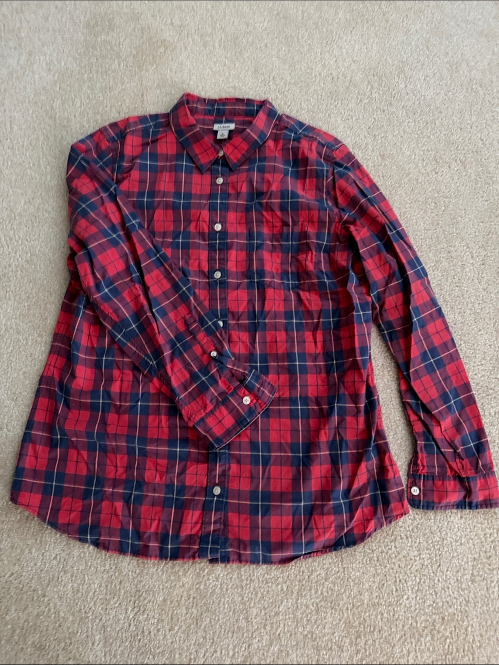 L.L. Bean Red and Navy Plaid Cotton Button-Down Shirt